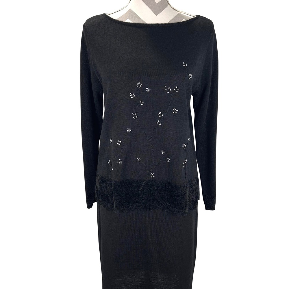 CAROLE LITTLE Vintage Black Long Sleeve Beaded Midi Skirt Top Set Petite L